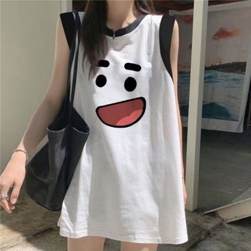 無袖背心睡裙夏款100%全棉休閑可外穿運動中長款女坎肩睡衣家居服