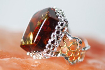 9號美國琥珀戒指 天然波羅的海琥珀首飾 純銀鍍金和銠 送給她