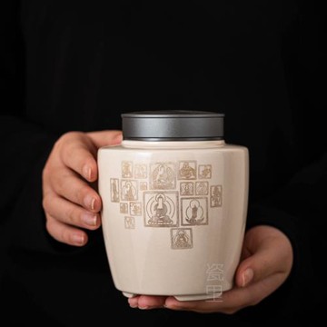 千佛茶葉罐鎏銀普洱罐子陶瓷錫蓋密封罐敦煌存茶罐禮品普洱茶餅