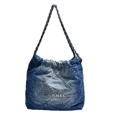 CHANEL 經典22系品牌LOGO大菱格紋單寧牛仔布銀鍊肩背包(大-藍色)