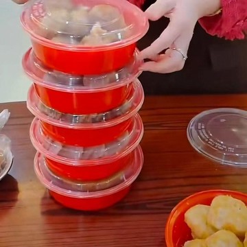 桃園出貨加厚一次性打包拜拜喜事塑料紅底紅色透明蓋圓碗結婚圓形過年家用