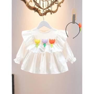 寶寶裙子兒童娃娃衫秋季一歲女寶寶長袖連衣裙洋氣公主風白色棉布