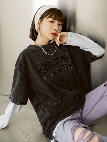 純棉水洗字母鋼印落肩寬版T