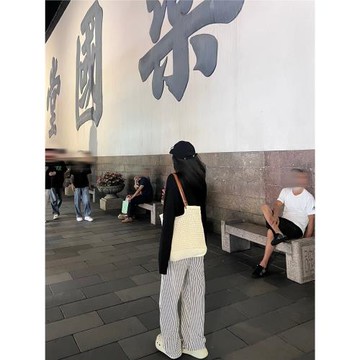 Cassie小表姐 慵懶松弛感 小馬標條紋休閑闊腿褲女夏薄款遛彎褲子