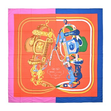 Hermes 愛馬仕 Brides de Gala Applique Pique 140 奢華馬籠頭喀什米爾與真絲混紡方巾(胭脂紅/藍)