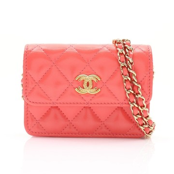 CHANEL 香奈兒 Card Holder On Chain 肩背包 鮭魚粉紅色 菱格紋 羊皮 金扣 【二手名牌BRAND OFF】