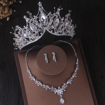 熱賣高端新娘飾品巴洛克女王皇冠鋯石水鉆花朵項鏈耳環三件套韓式