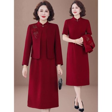 喜媽媽婚宴禮服2025新款高端喜慶兩件套中老年女喜婆婆秋裝連衣裙