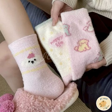日系卡通小狗女襪 澳絨 女襪 粉色狗狗卡通 冬天 保暖襪 日系 加厚保暖 毛襪 冬天睡覺穿 居家襪 女襪  262