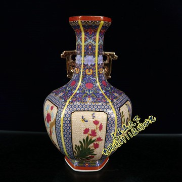 古玩收藏 琺瑯彩花卉紋雙耳賞瓶 景德鎮瓷器花鳥瓶 插瓶 家居裝飾