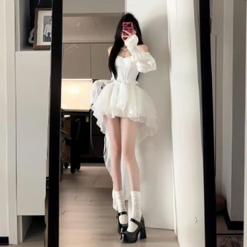 (免運)在逃公主純欲風網紗收腰連衣裙絕美小裙子高級超仙女一字肩蓬蓬裙