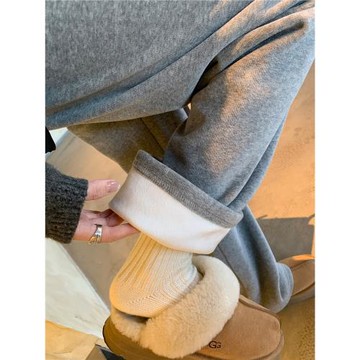 阿一 暖暖天鵝絨慵懶高腰休閑褲女冬季松緊腰加絨加厚直筒闊腿褲