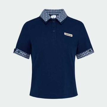 Adidas Plaid Polo Ss W KU9396 女 Polo衫 運動上衣 休閒短袖 深藍 亞版 格紋