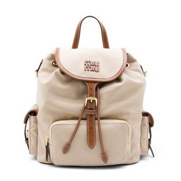 MIU MIU Backpack 大號 帆布 皮革 肩背包 後背包 帆船繩米色 白蘭地色 5BZ042