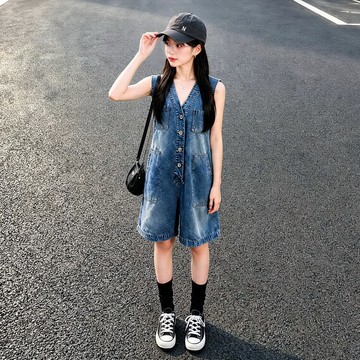 【中大女童/親子裝】復古紐扣多口袋牛仔連身褲