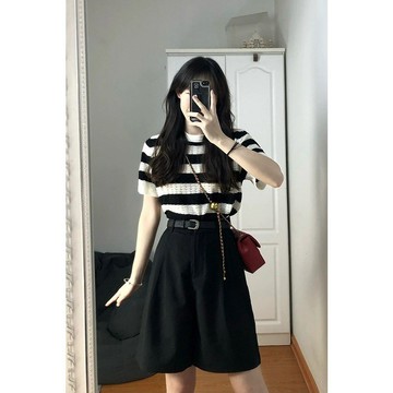 A0688L_黑色直筒西裝短褲女高腰夏季薄款大尺碼胖mm寬鬆顯瘦闊腿五分休閒褲