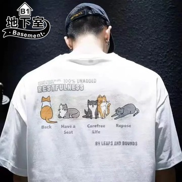 地下室B1-T恤 日系卡通貓咪塗鴉 ins 寬鬆 短袖 情侶裝 大尺碼8XL【NL625170】