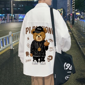 小熊印花襯衫男長袖春季新款韓版潮流加肥加大碼寬松襯衣外套