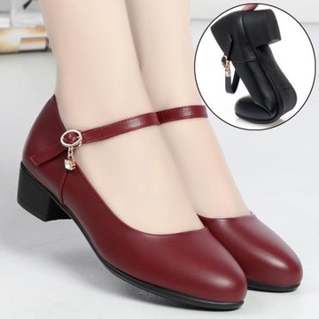 圓頭粗跟單鞋中跟職業女鞋黑色工作鞋跳舞鞋軟底銀行酒店上班皮鞋