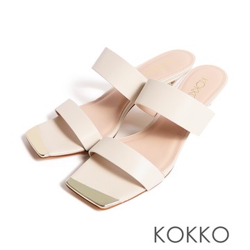 KOKKO率性寬帶柔軟手感綿羊皮細跟拖鞋白色