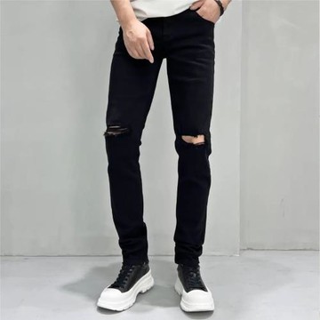 高端黑色牛仔褲男破洞2024夏季新款彈力修身小腳百搭時尚休閑褲子