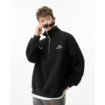 重磅半拉鍊大學T男秋冬季新款無帽潮流寬鬆休閒百搭上衣男