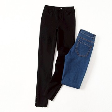 設計感鈕釘開叉褲腳 高腰顯瘦小腳牛仔褲女1入