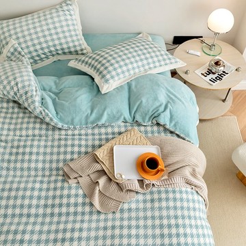 冬季加厚牛奶絨四件套法蘭絨床上珊瑚絨千鳥格被套保暖床單北歐風