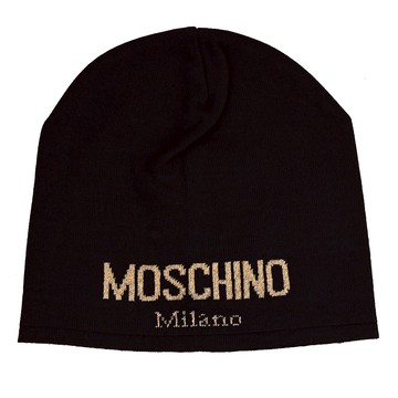 MOSCHINO 65294 品牌LOGO金蔥羊毛混紡針織毛帽.黑