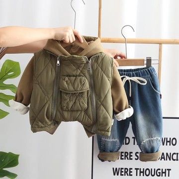 嬰兒衣服冬季加絨加厚夾棉童裝外套兩件套1一2周歲男寶寶洋氣冬裝