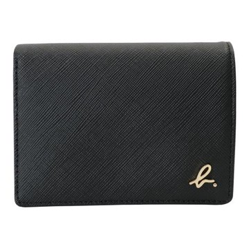 agnes b.-金小b. 防刮紋皮革翻蓋暗釦零錢袋短夾(素面黑)