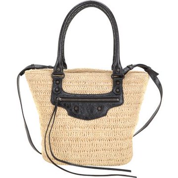 BALENCIAGA 巴黎世家 Le City 小型 拉菲草編織拼小羊皮手提 斜背托特包(卡其色)