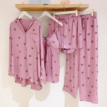 新款gp睡衣女夏季仿真絲愛心透氣冰絲長袖長褲兩件套可外穿家居服