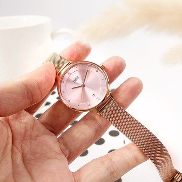 EROS CERES 贈錶帶 / LQ3303RG-PIN / 藍寶石水晶玻璃 晶鑽 日期 米蘭編織不鏽鋼手錶 禮盒組 粉x玫瑰金 33mm