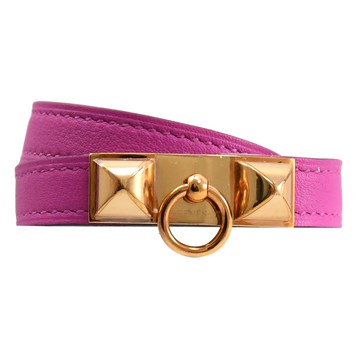 HERMES Rivale Double Tour經典金釦雙圈皮手環.桃紫