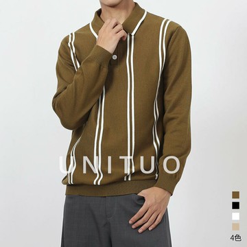 秋冬男士豎紋長袖polo衫高級感商務休閑翻領保羅針織衫馬球衫男裝鑫弘-衣錦男裝