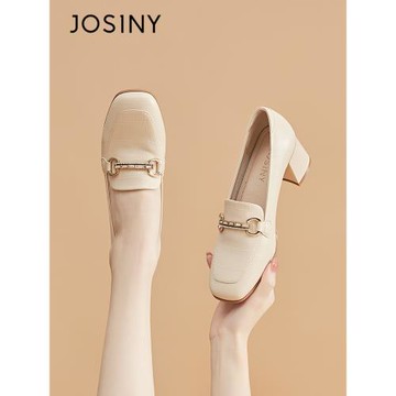 卓詩尼單鞋女高跟鞋2025年春季白色樂福鞋女方頭英倫風粗跟小皮鞋