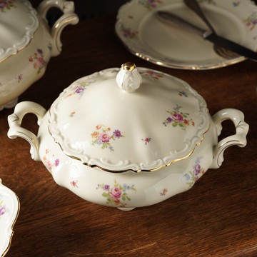 荷蘭Spenzo盛開花朵浮雕描金附蓋雙耳湯盅