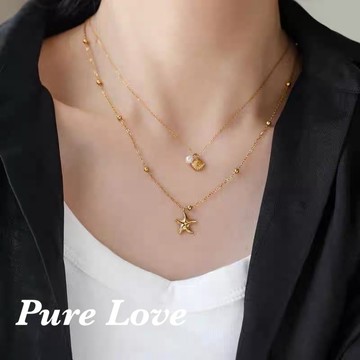 Pure Love樂芙 /正韓 鈦鋼【316L醫療鋼】G01154海星貝殼小圓珠雙層項鏈 長項鏈 / 金