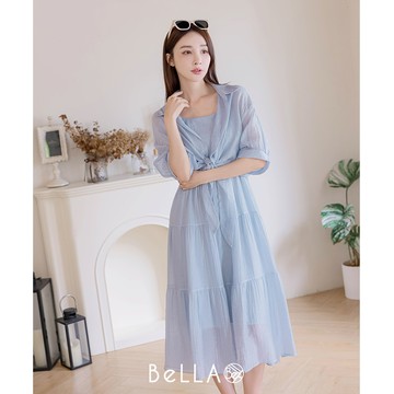 【買2送1】BeLLA  扭結襯衫兩件式長洋裝 藍色