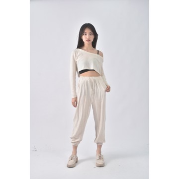 (S) 高腰抽繩杏色長褲二手衣