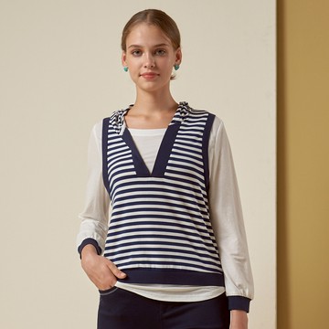 CLL巧玲瓏 假兩件條紋拼接連帽休閒上衣 1253808