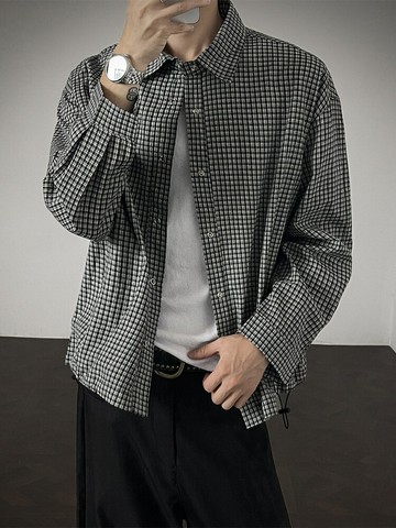 港風復古格紋襯衫男長袖秋季潮牌痞帥幹凈合身純棉休閑襯衣外套鑫弘-錦衣華服