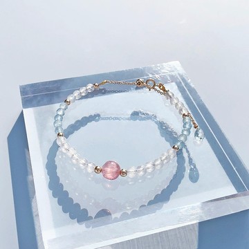 粉晶 月光石 切面海藍寶 14k包金 天然水晶手鍊
