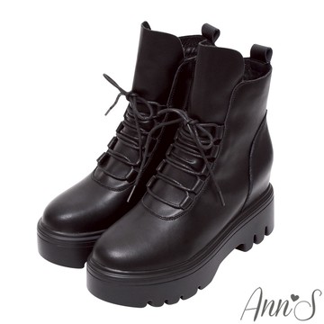 Ann’S魔術視覺矯正!內增高真皮綁帶厚底短靴5cm-黑(版型偏小)