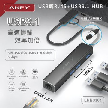 ANFY 安飛USB轉RJ45+USB3.1 HUB