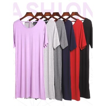 夏季莫代爾睡裙女短袖中長款寬松大碼睡衣純色圓領連衣裙家居睡袍