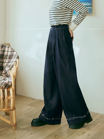 日系撞色車線反摺鬚邊直筒牛仔寬褲