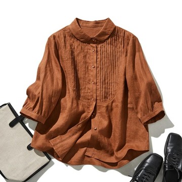 純亞麻圓領公主風襯衫 精緻褶襇 透氣親膚 柿茶　240512-4
