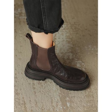 后語新款真皮短靴女春秋單靴一腳蹬馬丁靴英倫風羊皮厚底切爾西靴